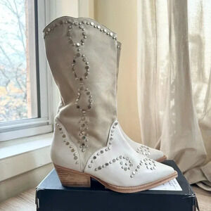 New Free People Joelton Studded Western Boots Cowboy Mid Cream Silver Suede